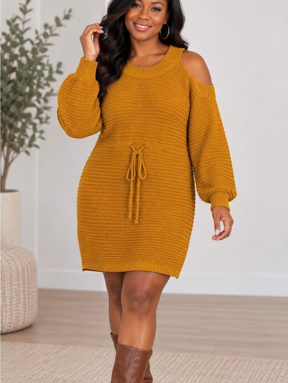 Cold-Shoulder Knit Mini Dress with Tie Waist in Mustard